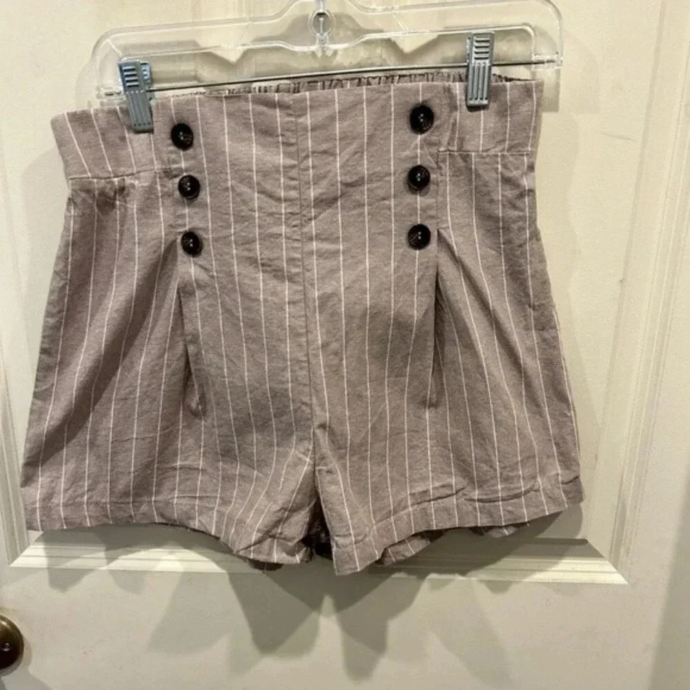 Blashe Women High Rise Pinstripe Cotton Shorts Taupe Grey White Size Large L